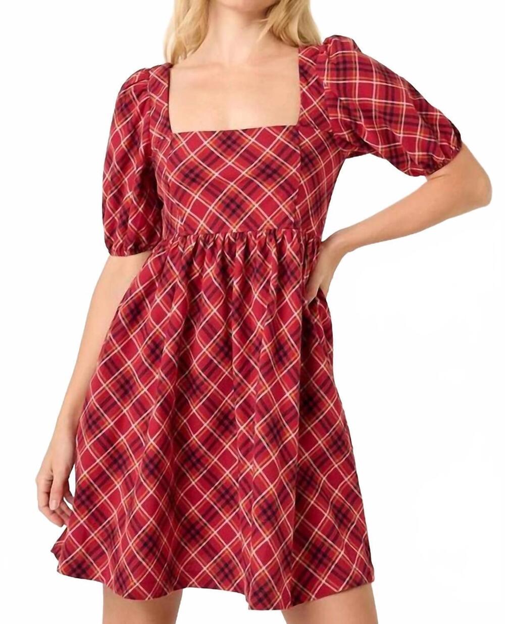 NEW MITTOSHOP puff sleeve babydoll mini dress in checkered